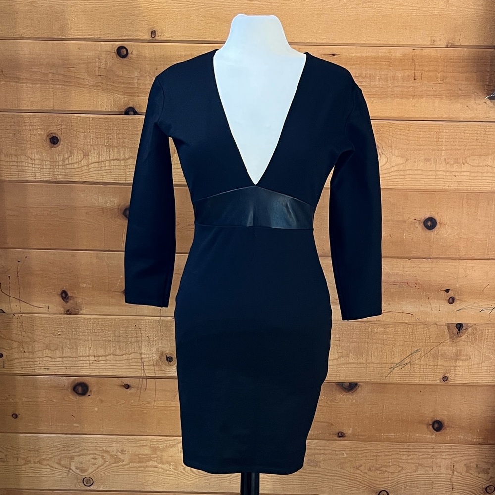 Mason deep v neck mini dress with leather detail